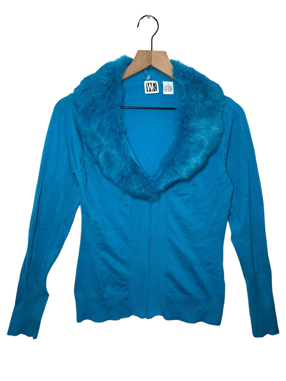 Vintage Y2K Rabbit Fur Collar Silk Knit Zip Up Cardigan Turquoise Elevated Fairy